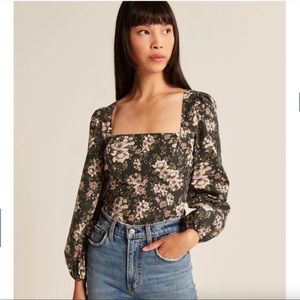 Abercrombie Floral Long-Sleeve Poplin Square-Neck Corset Top